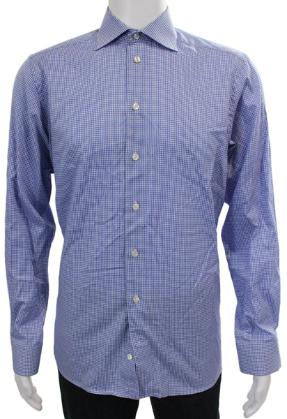 Eton Mens Checkered Print Long Sleeve Collared Button-Down Shirt Blue Size 39