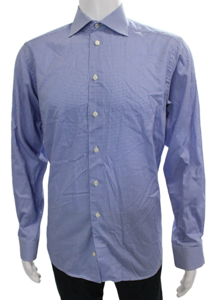 Eton Mens Checkered Print Long Sleeve Collared Button-Down Shirt Blue Size 39