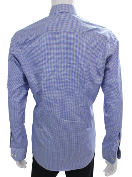 Eton Mens Checkered Print Long Sleeve Collared Button-Down Shirt Blue Size 39