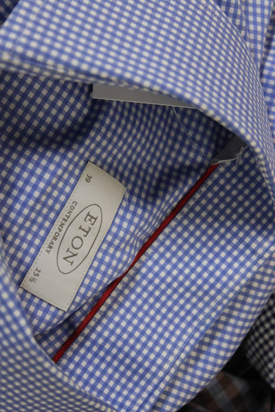 Eton Mens Checkered Print Long Sleeve Collared Button-Down Shirt Blue Size 39