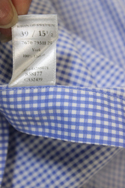 Eton Mens Checkered Print Long Sleeve Collared Button-Down Shirt Blue Size 39