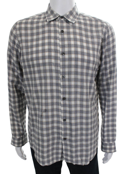Theory Mens Plaid Print Collared Long Sleeve Button-Down Shirt Gray Size M