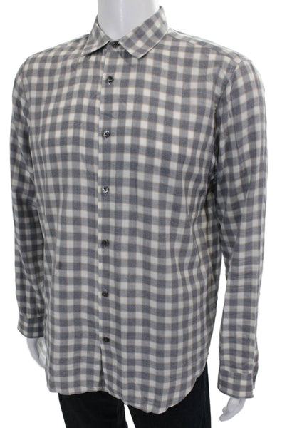 Theory Mens Plaid Print Collared Long Sleeve Button-Down Shirt Gray Size M