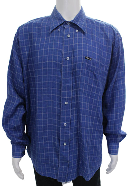 Faconnable Mens Linen Plaid Button Down Shirt Blue Size Extra Large