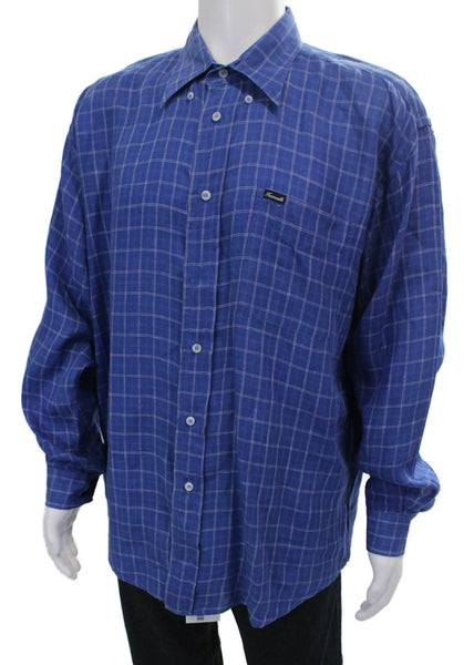 Faconnable Mens Linen Plaid Button Down Shirt Blue Size Extra Large