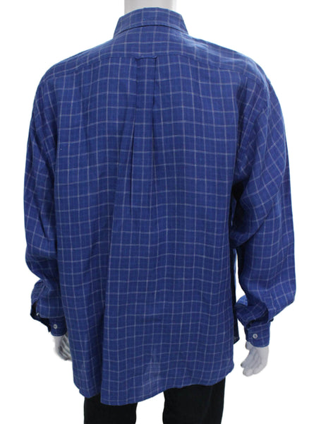 Faconnable Mens Linen Plaid Button Down Shirt Blue Size Extra Large