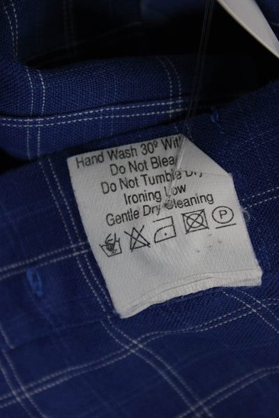 Faconnable Mens Linen Plaid Button Down Shirt Blue Size Extra Large
