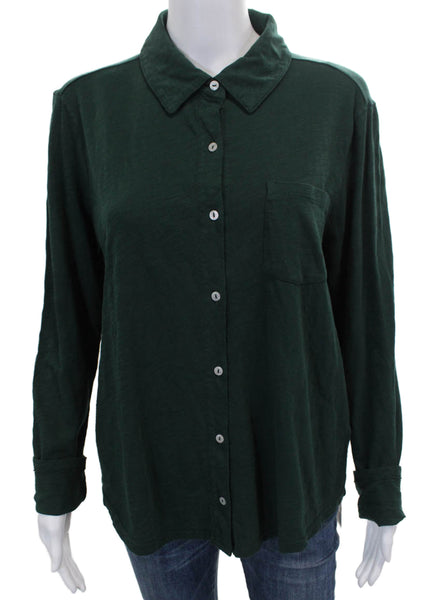 Elliott Lauren Women Collared Long Sleeve Button Up Cotton Blouse Green Size L