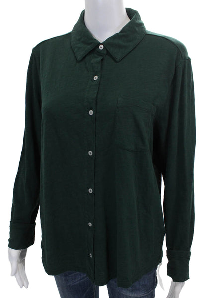 Elliott Lauren Women Collared Long Sleeve Button Up Cotton Blouse Green Size L