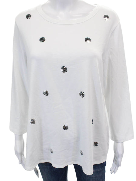 ELI Women Basic White Pima Cotton Round Neck Long Sleeve T-Shirt Size L