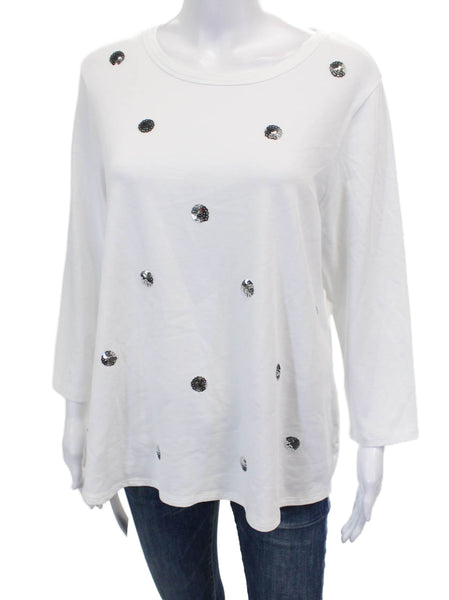 ELI Women Basic White Pima Cotton Round Neck Long Sleeve T-Shirt Size L