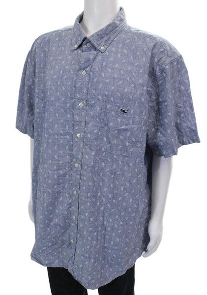 Vineyard Vines Mens Leag Print Button Down Shirt Blue Cotton Size 2XT