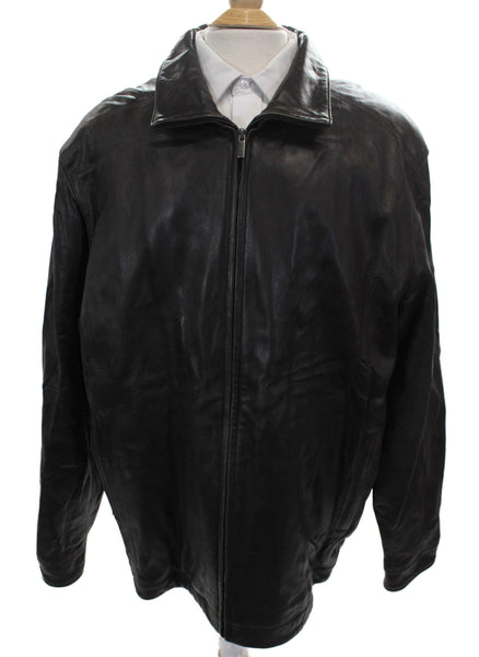 Brandini Mens Leather Black Bomber Jacket Zip Size XL