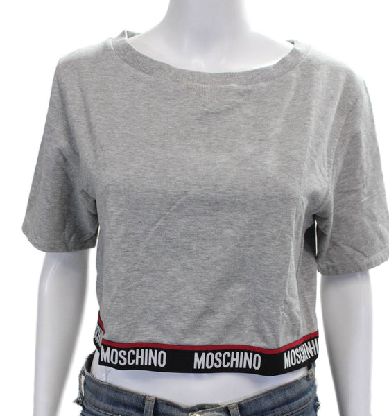 Moschino Women Cropped T-Shirt Gray Cotton Crew Neck Short Sleeve Size XS