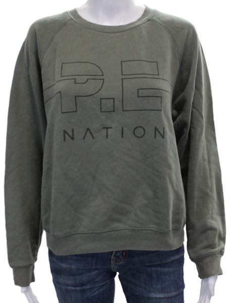 PE Nation Womens Pullover Sweatshirt Green Cotton Crew Neck Long Sleeve Size S