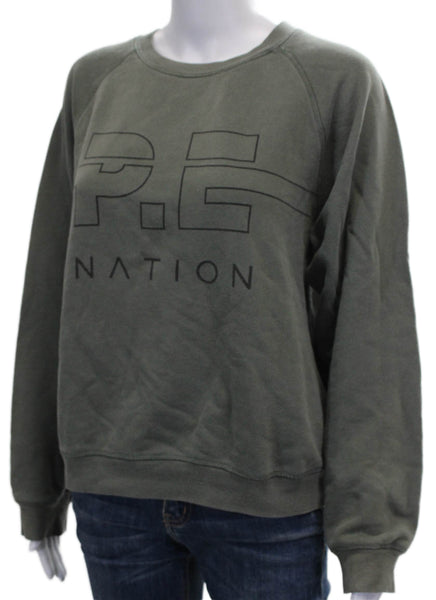 PE Nation Womens Pullover Sweatshirt Green Cotton Crew Neck Long Sleeve Size S