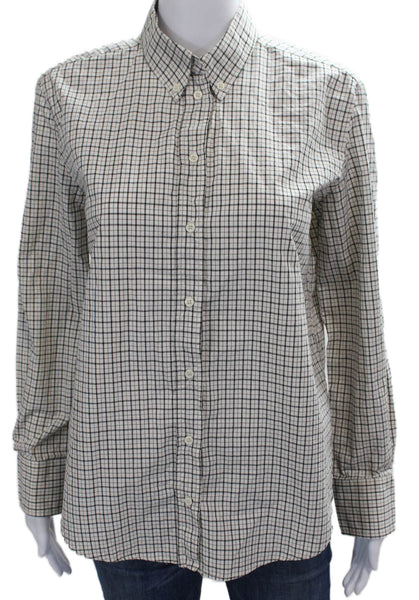 J Crew Women Basic Button-Up Top Collared Cotton Long Sleeve Check White Size S