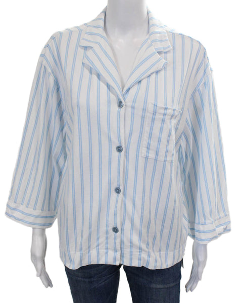 Petite Plume Womens Striped Pajama Shirt White Blue Cotton Size Small