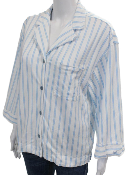 Petite Plume Womens Striped Pajama Shirt White Blue Cotton Size Small