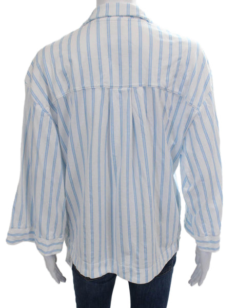 Petite Plume Womens Striped Pajama Shirt White Blue Cotton Size Small