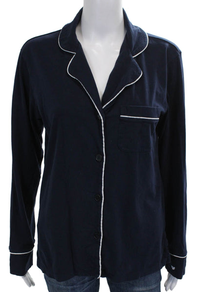 Petite Plume Womens Button Down Pajama Shirt Navy Blue Cotton Size Small
