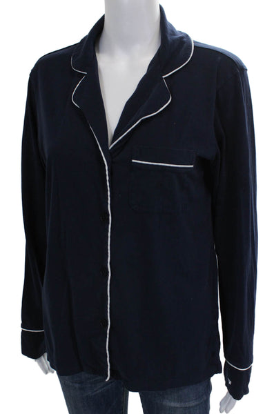 Petite Plume Womens Button Down Pajama Shirt Navy Blue Cotton Size Small