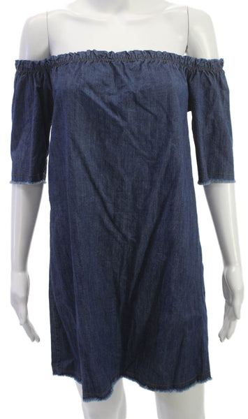 Mono B Women Shift Dress Blue Cotton Off the Shoulder Half Sleeve Short Size M