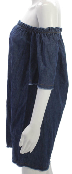 Mono B Women Shift Dress Blue Cotton Off the Shoulder Half Sleeve Short Size M