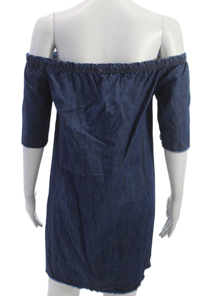 Mono B Women Shift Dress Blue Cotton Off the Shoulder Half Sleeve Short Size M