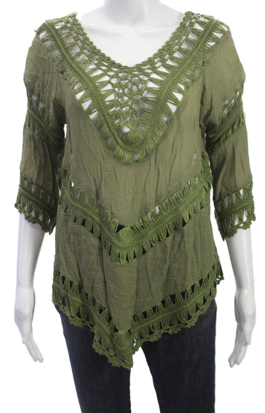 Aqua Women Tunic V Neck 3/4 Sleeve Cotton Green Pullover Size S