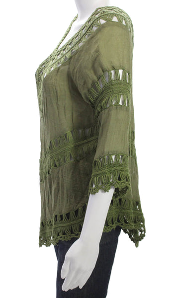 Aqua Women Tunic V Neck 3/4 Sleeve Cotton Green Pullover Size S