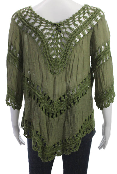 Aqua Women Tunic V Neck 3/4 Sleeve Cotton Green Pullover Size S