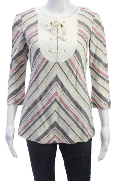 Tory Burch Women Tunic Multicolor Striped Linen Lace Up 3/4 Sleeve Size 2