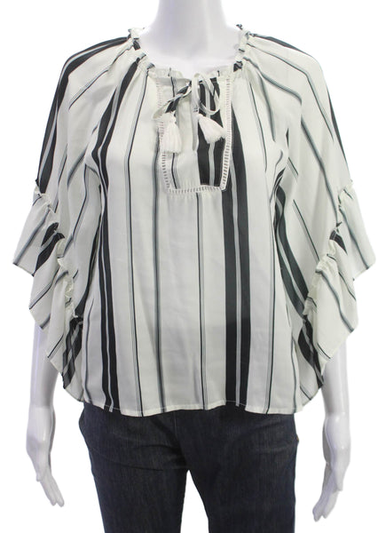 Aqua Womens Black Striped Round Neck Short Sleeve Polyester Blouse Size XS
