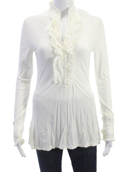 BCBGMAXAZRIA Womens Tunic Blouse V-Neck Long Sleeve White Rayon Size XS