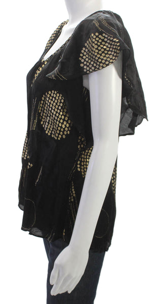 La Rok Women Blouse Black Silk Polka Dot Scoop Neck Sleeveless Size XS