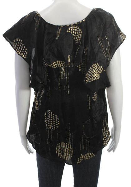La Rok Women Blouse Black Silk Polka Dot Scoop Neck Sleeveless Size XS