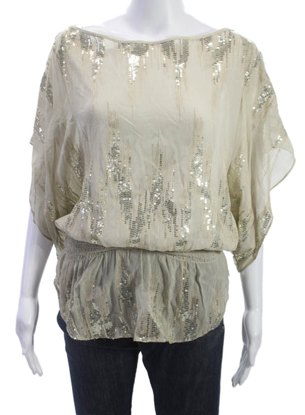 Parker Women Tunic Beige Silk Boat Neck Striped Short Sleeve Pullover Size S