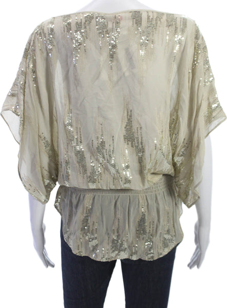Parker Women Tunic Beige Silk Boat Neck Striped Short Sleeve Pullover Size S