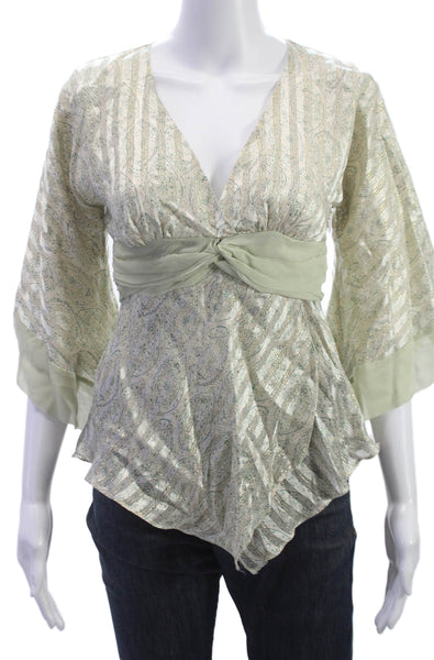Alice & Trixie Women Kimono Blouse Silk Paisley V Neck 3/4 Sleeve Tie Size XS