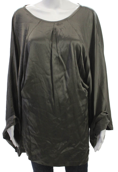 Raquel Allegra Womens Silk Green Tunic Blouse Long Sleeve Round Neck Size S