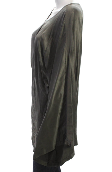 Raquel Allegra Womens Silk Green Tunic Blouse Long Sleeve Round Neck Size S