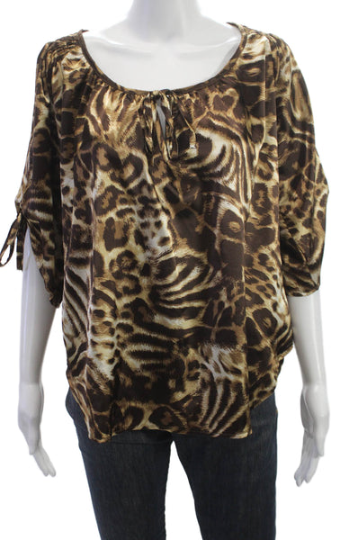 Casting Womens Animal Print Tie Neck Blouse 3/4 Sleeve Multicolor Size S