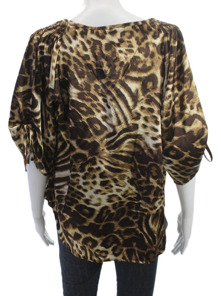 Casting Womens Animal Print Tie Neck Blouse 3/4 Sleeve Multicolor Size S