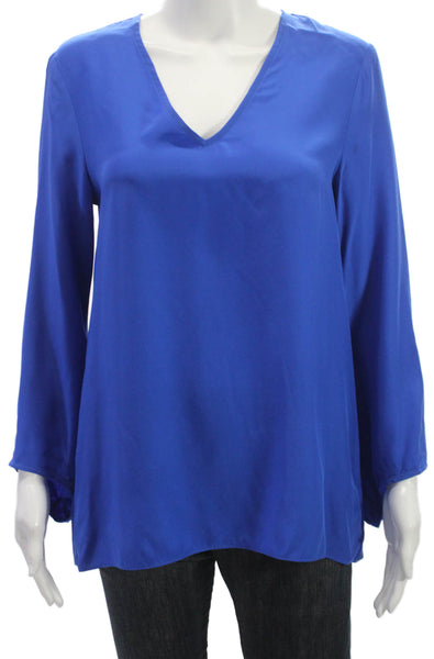 Drew Women Silk V-Neck Tunic Blouse Long Sleeve Blue Size S