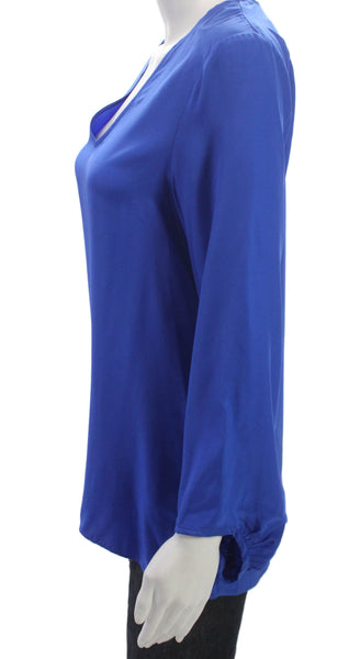 Drew Women Silk V-Neck Tunic Blouse Long Sleeve Blue Size S