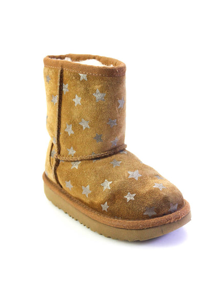 Ugg Girls Suede Shearling Lined Star Print Classic Short II Boots Brown Size 8US