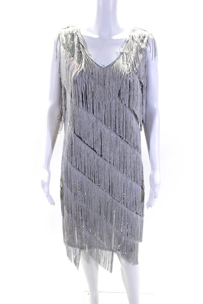 Sophy Curson Womens Metallic Sequin Tassel Trim Sleeveless Dress Silver Size 10