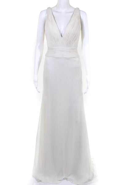 Rafael Cennamo White Couture  White Silk Sleeveless V-Neck Ruched Chiffon Gown S