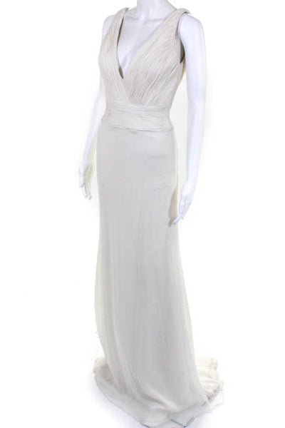 Rafael Cennamo White Couture  White Silk Sleeveless V-Neck Ruched Chiffon Gown S